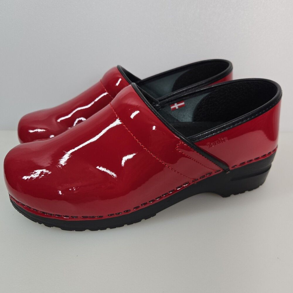 Sanita Danish Clogs Red Patent Leather Slip On Nurse Shoes WIDE EU 41 Women's 10